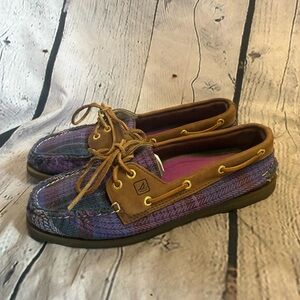 Sperry Top Sider Women’s A/O Boat Shoe Wool Purple Blue Preppy Plaid Sz 8.5 GUC‎